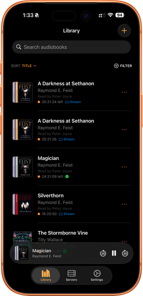 Audiory library showing audiobooks with progress tracking